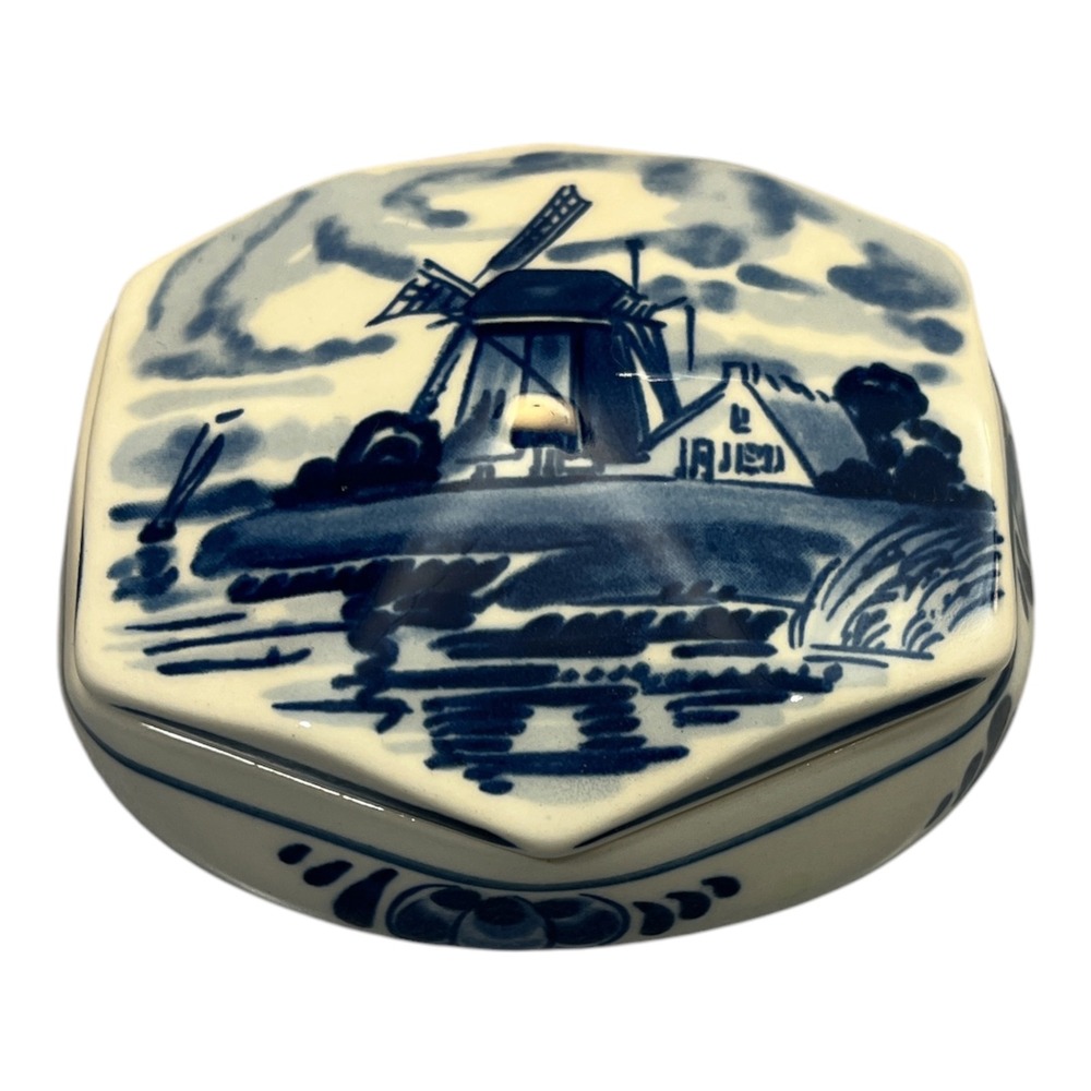 Vintage Handpainted Delft Blue‎ Windmill Trinket Box Hexagon Lid Ceramic Jar